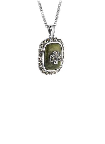 Sterling Silver & Connemara Marble Shamrock Pendant with Marcasite 
